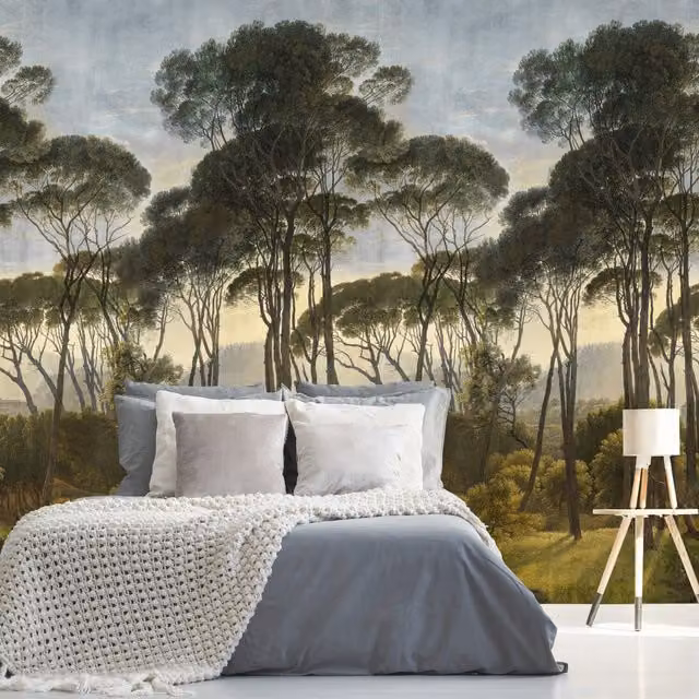 Grandeco Ancient Trees 3 Lane Repeatable Textured Wallpaper Mural in Green