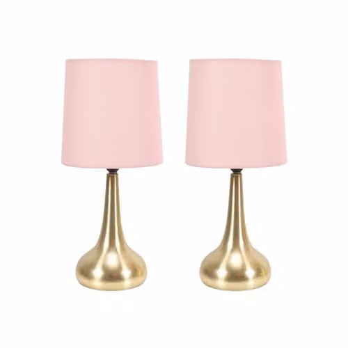 ValueLights Brushed Gold Teardrop Touch Dimmer Table Lamp with Blush Pink Fabric Shade and Included Bulb – 1