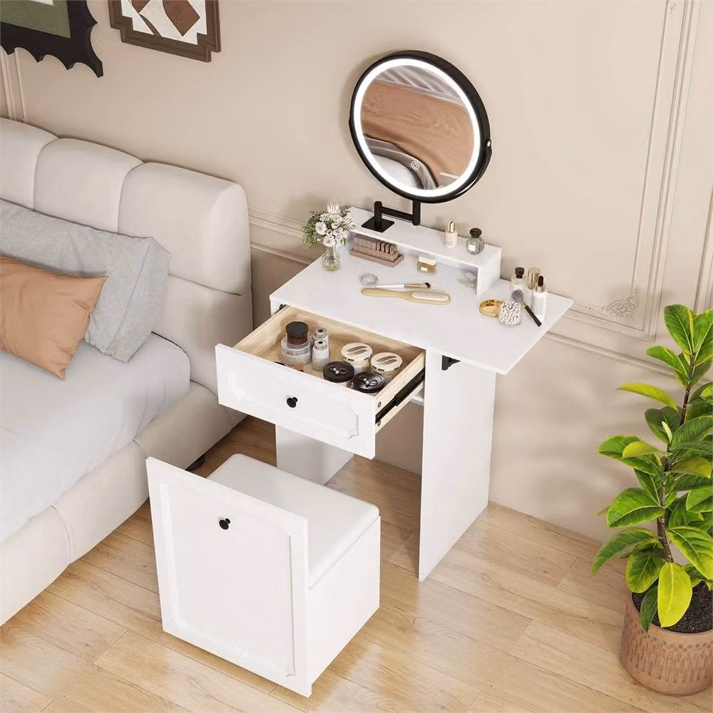 Havendro Modern Dressing Table and Stool Set with 3-Colour LED Light Mirror in White – 2