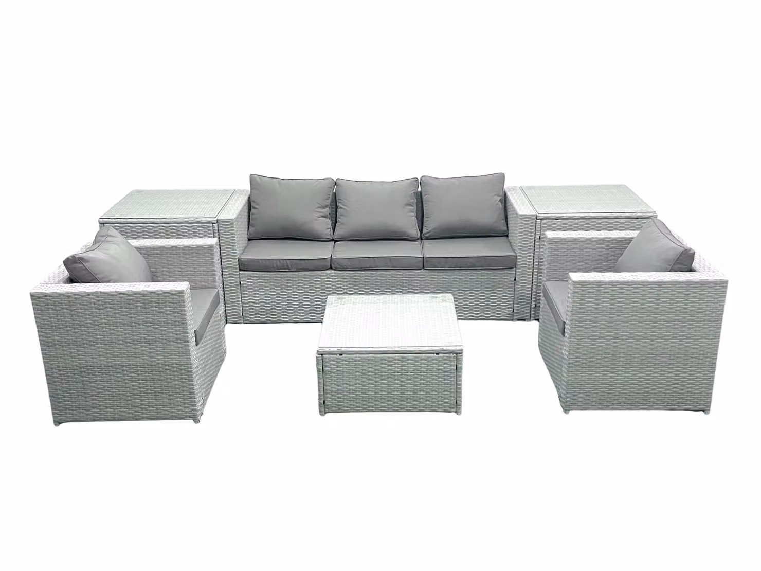 Fimous 5 Seater Rattan Garden Furniture Set in Light Grey with 3 Seater Sofa, 2 Chairs, Square Coffee Table and 2 Side Tables – 2