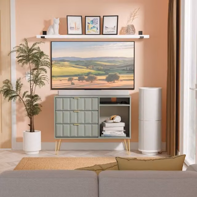Ready Assembled 2 U Metro 3 Drawer TV Unit in Pale Green and Gold