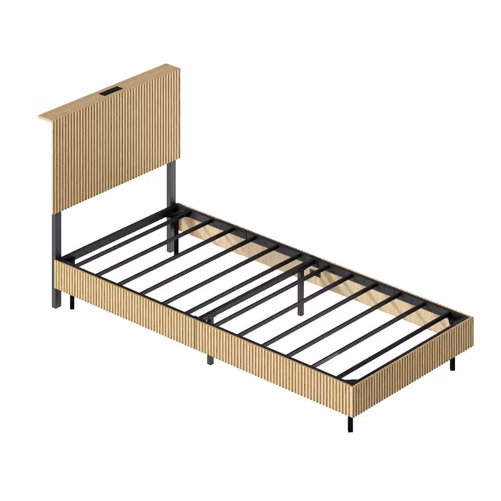Matteo Modern Floating Single Bed with LED Under-Bed Lighting and Fluted Headboard in Natural Sand/Beige, W/D/H: 90 x 200 cm – 2