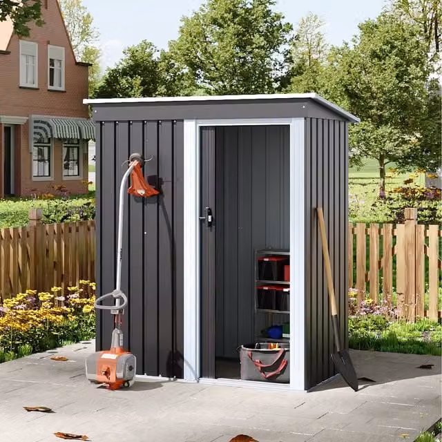Livingandhome Modern Pent Metal Garden Shed with Sliding Lockable Doors in Matt Anthracite Black