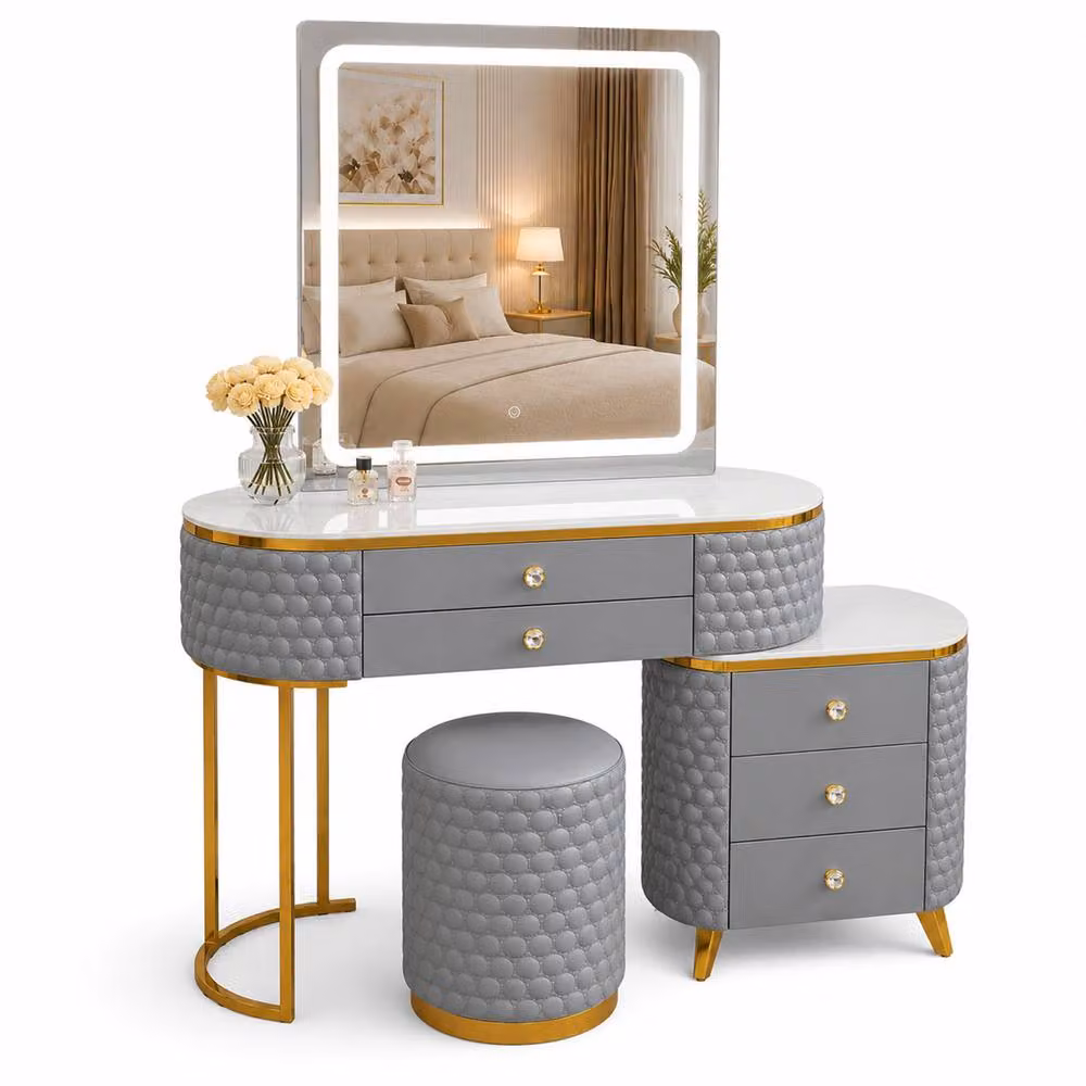 Sliding Wardrobes 4U Modern Grey Dressing Table with LED Mirror, Stool and Storage Cabinet, Width: 130 cm – 2