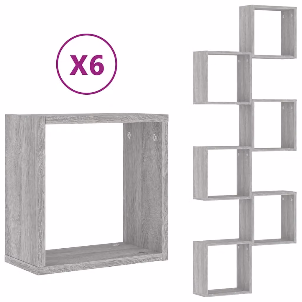 Berkfield Home Wall Cube Shelves, 6 Piece Set in Grey Sonoma, W/D/H: 30 x 15 x 30 cm – 2