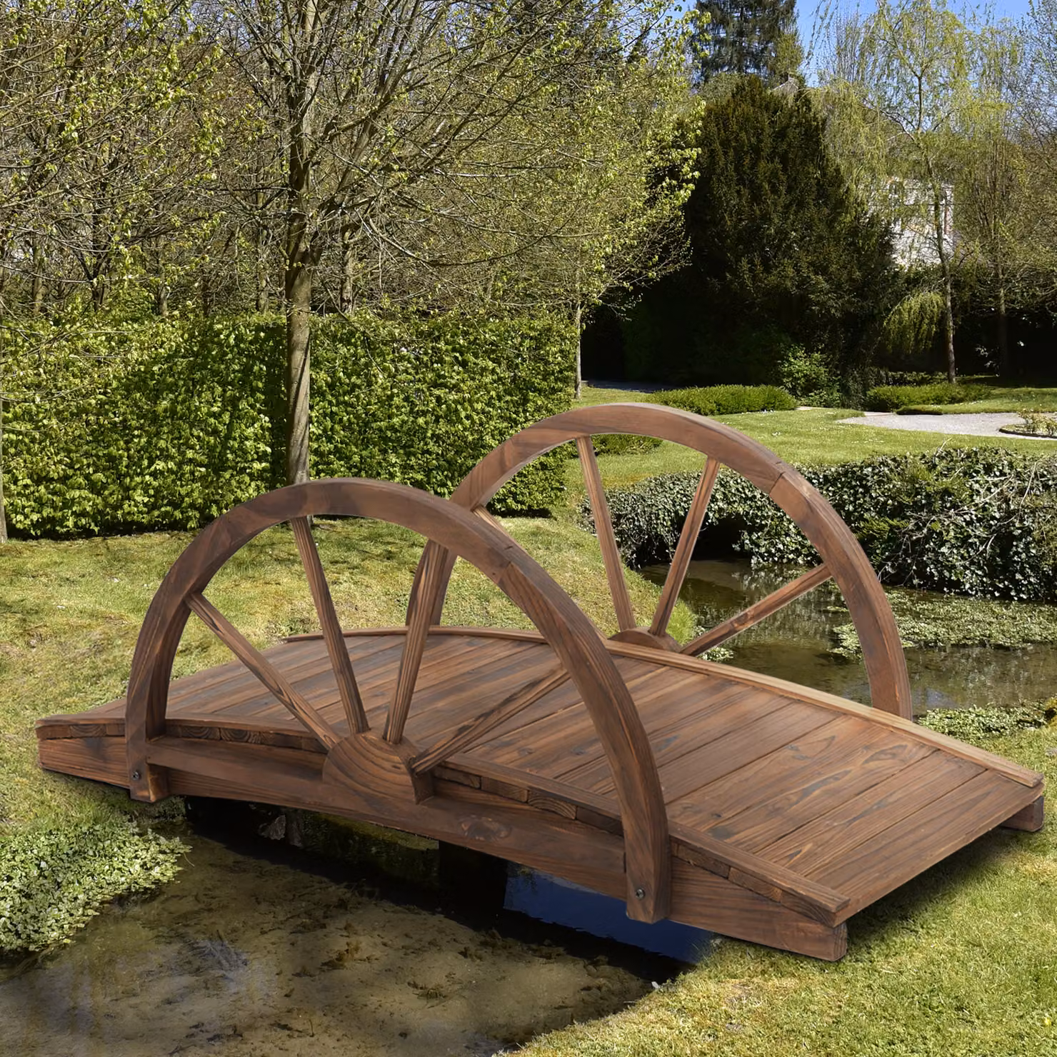 Outsunny Wooden Garden Bridge in Brown Stained Finish with Arc Railings, W: 100 cm, D: 50 cm, H: 37 cm – 2