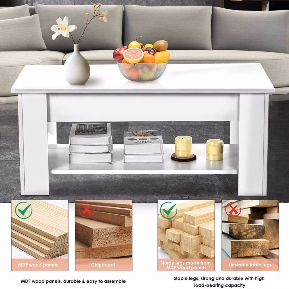 KORVIXA White Modern Square Coffee Table with Lift Top Storage and Drawer, W/D/H: 100 x 100 x 60 cm – 3