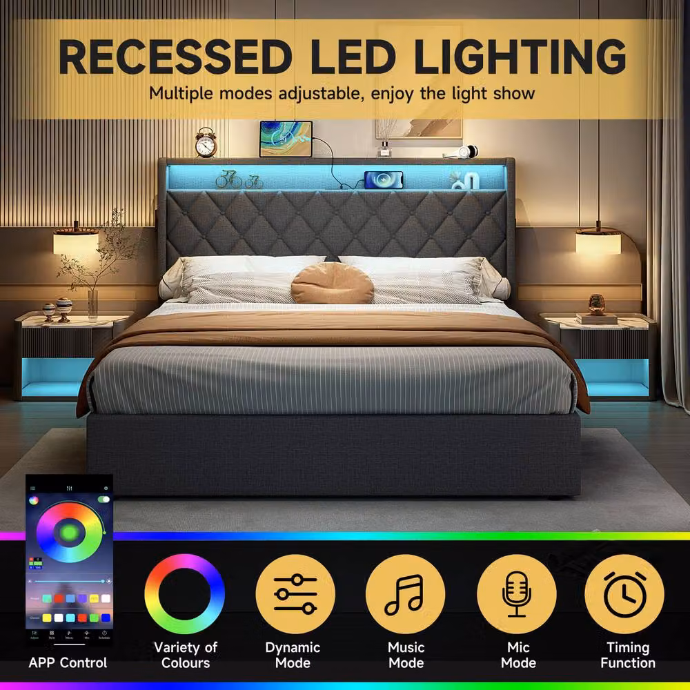 STILVORA Grey Upholstered 4ft6 Double Ottoman Bed with LED Lighting and USB Charging Station, W/D/H: 140 x 200 cm – 6