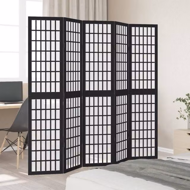Berkfield Home 5-Panel Room Divider in Black Solid Paulownia Wood, H 180 cm x W 180 cm x D 1.6 cm – 1