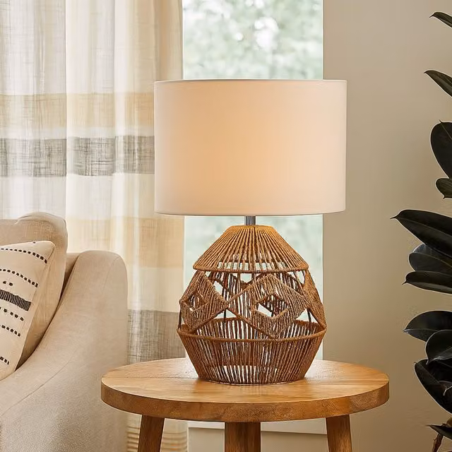 Lighting Collection Woven Rattan Table Lamp in Beige and White – 1