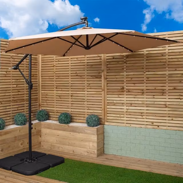 Samuel Alexander Solar Powered Lit Banana Cantilever Garden Parasol with LEDs in Beige