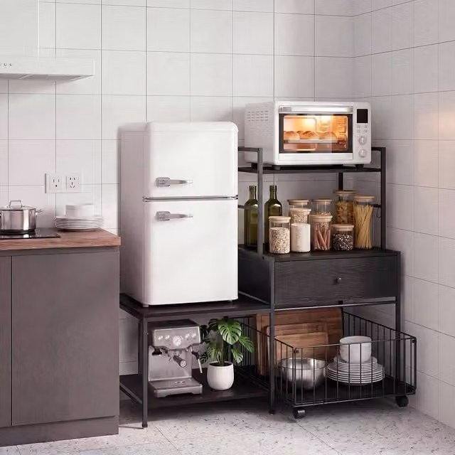 London Boutique Industrial Black Rolling Kitchen Island Microwave and Coffee Bar Cabinet with Castors – 1