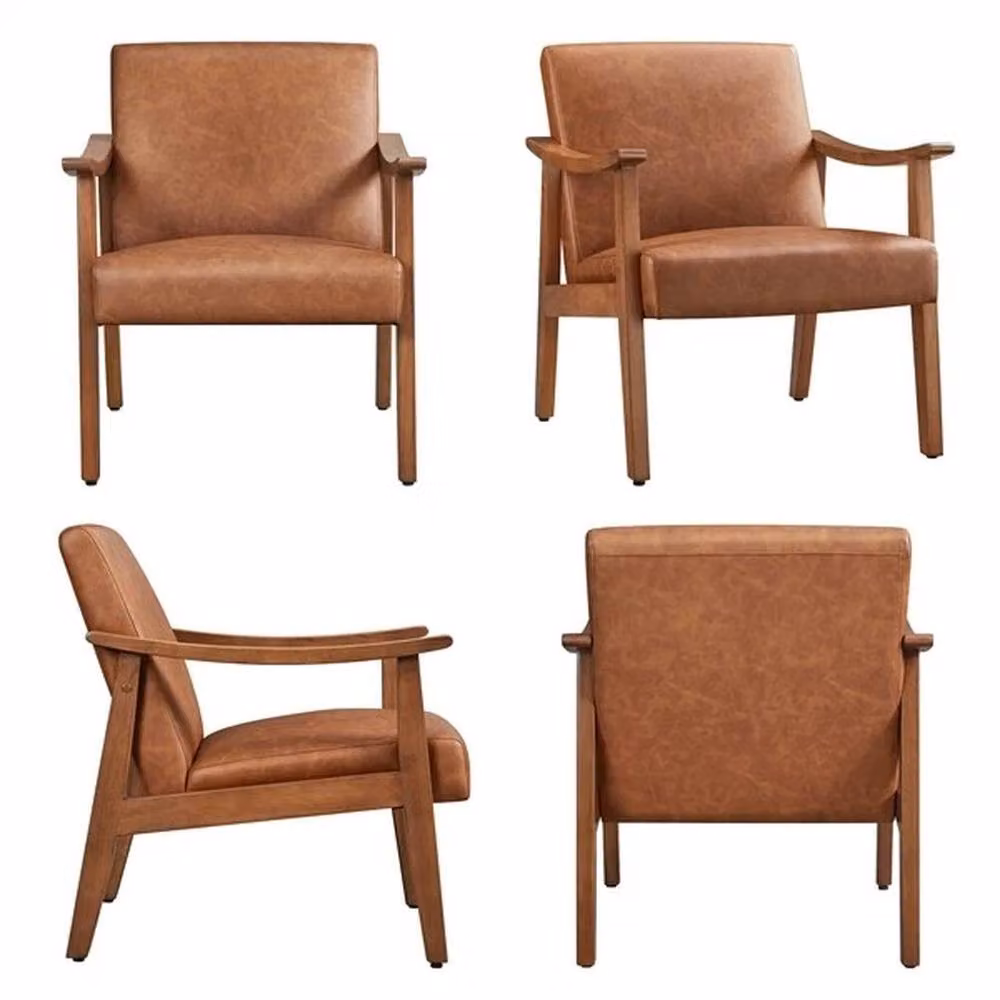 Kelvenix Mid-Century Faux Leather Armchair in Brown with Solid Wood Legs – 3
