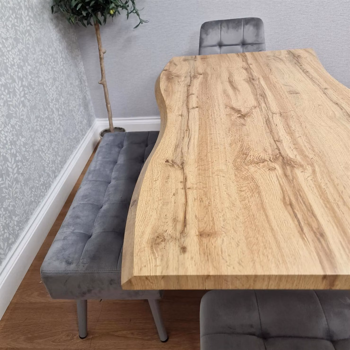 KOSY KOALA Brown Wooden Rectangular Dining Table Set with 2 Grey Velvet Chairs and Padded Benches, W/D/H: 120 x 77 x 75 cm – 2