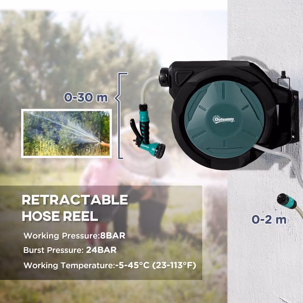 OUTSUNNY Retractable Wall Mounted Hose Reel with Lock, Green – 3