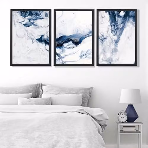 ARTZE Set of 3 Navy Blue Abstract Ocean Waves Wall Art with Black Wood Frames, W: 45 cm, H: 62 cm, D: 2 cm