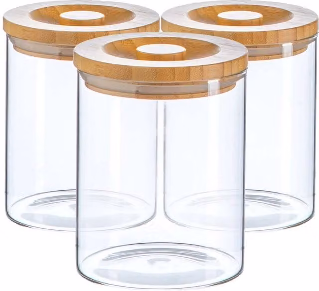 Argon Tableware Set of 3 Transparent Glass Airtight Storage Jars with Solid Wooden Lids, 0.75 l each