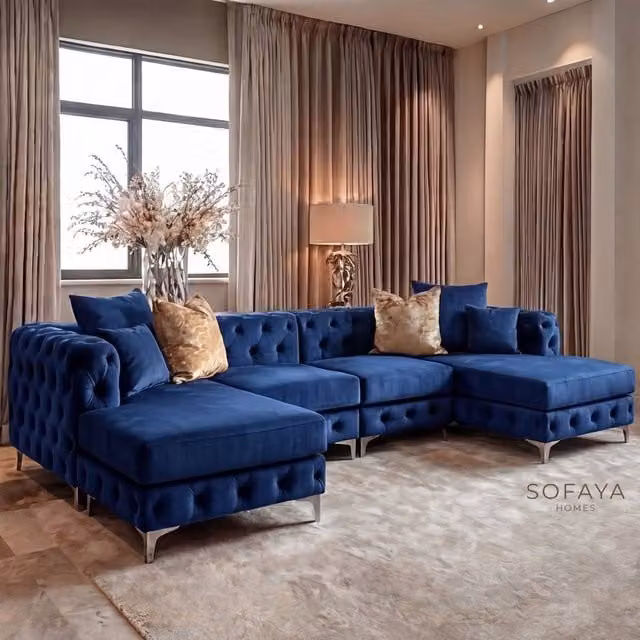Sofaya Monaco 4 Seater Chesterfield U-Shaped Chaise Sofa in Blue Velvet – 1