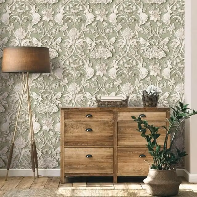 Fine Decor Woodland Botanical Wallpaper in Green and Grey