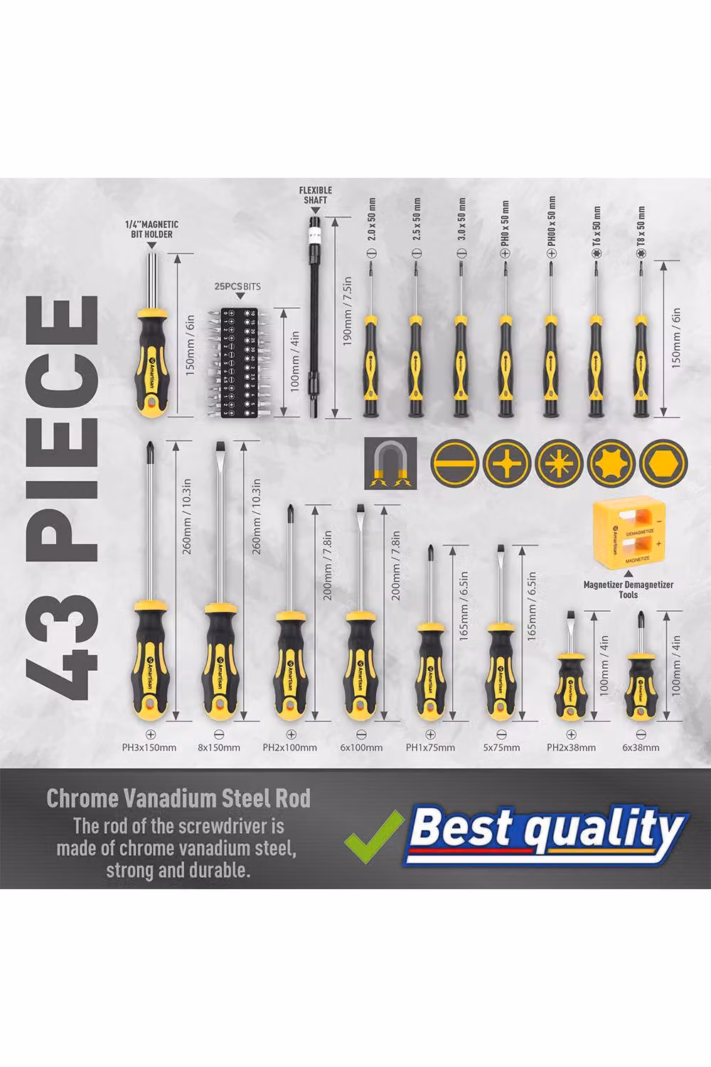 Living and Home 43-Piece Magnetic Screwdriver Set with Rubber Grip and Heavy Duty Storage Case in Multicolour – 2
