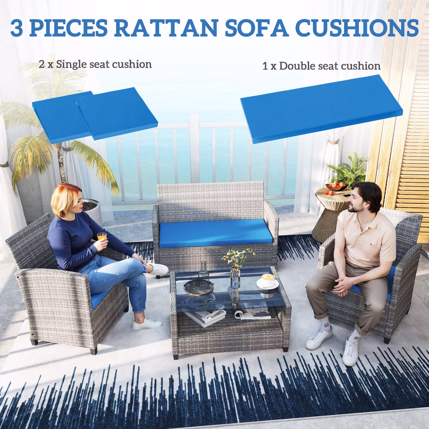Outsunny Set of 3 Sky Blue Rectangular Outdoor Seat Cushion Pads for Rattan Furniture with Removable Washable Polyester Covers – 3
