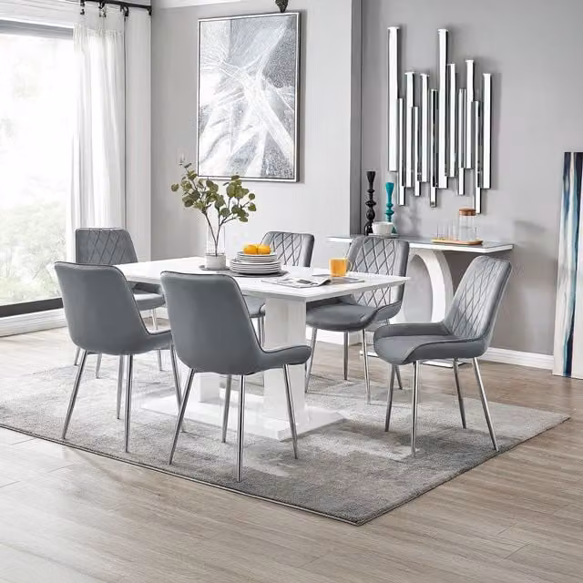 FurnitureboxUK Imperia 6-Person Dining Set with White Rectangular Table and 6 Grey Pesaro Chairs with Silver Legs