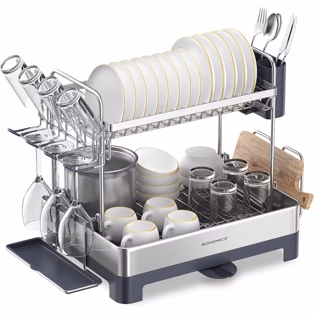 The Bazaarist 2 Tier Rotating Dish Drying Rack with Spout and Drip Tray in Grey – 2