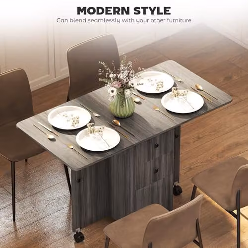 HOMCOM Grey Folding Dining Table with Drop Leaf and Castors, W/D/H: 120 x 60 x 76.5 cm – 4