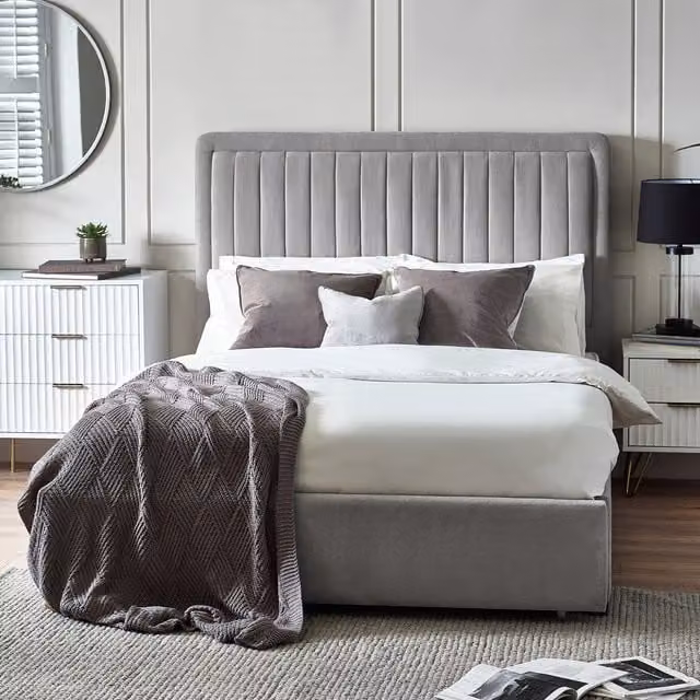 Julian Bowen Savannah Double Bed in Grey Velvet Fabric with Drawers, W/D/H: 140 x 200 cm