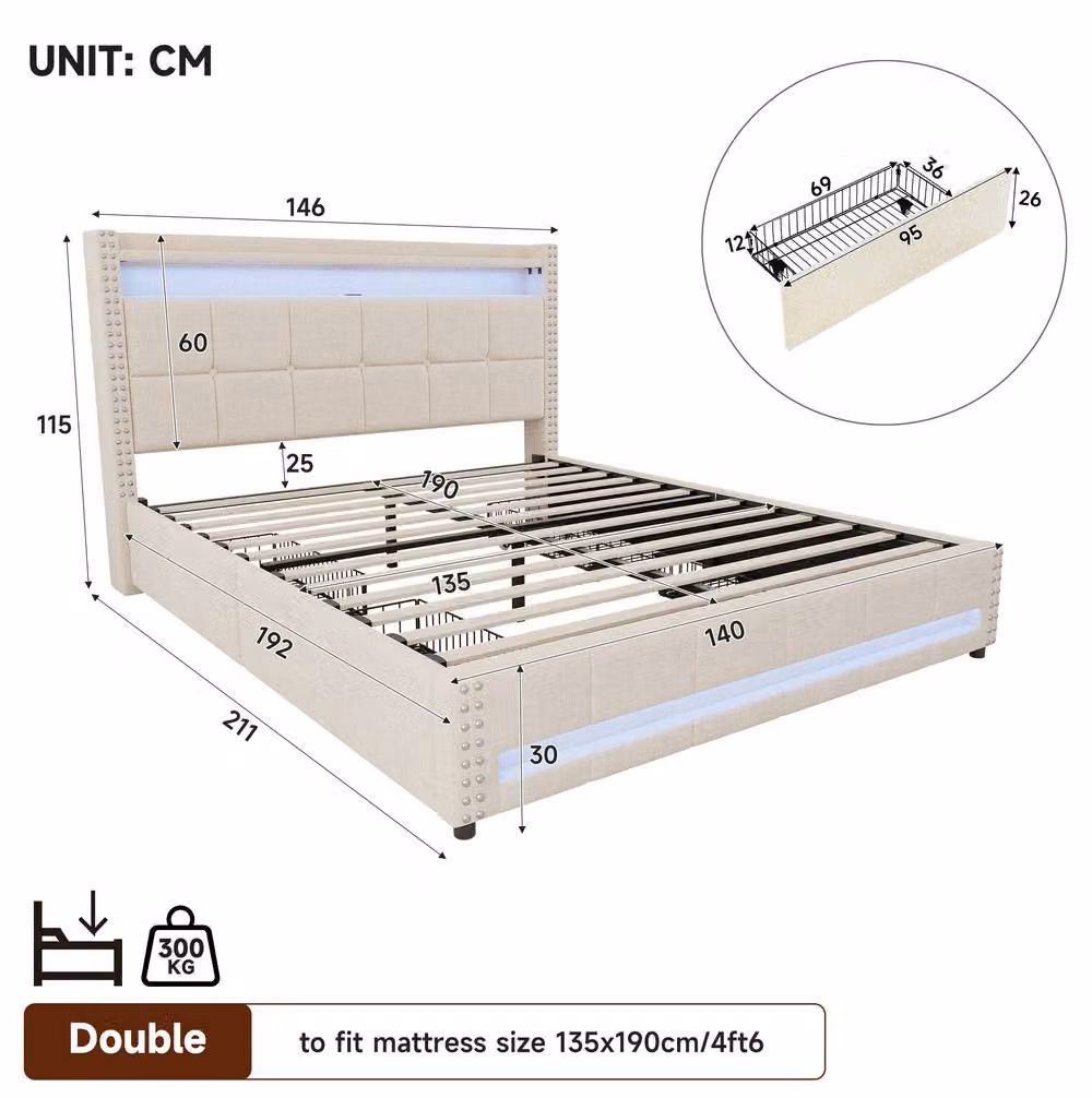 STILVORA Double Upholstered Storage Bed in Beige with USB Charging Port and Under-Bed Lighting, W/D/H: 140 x 200 cm – 3