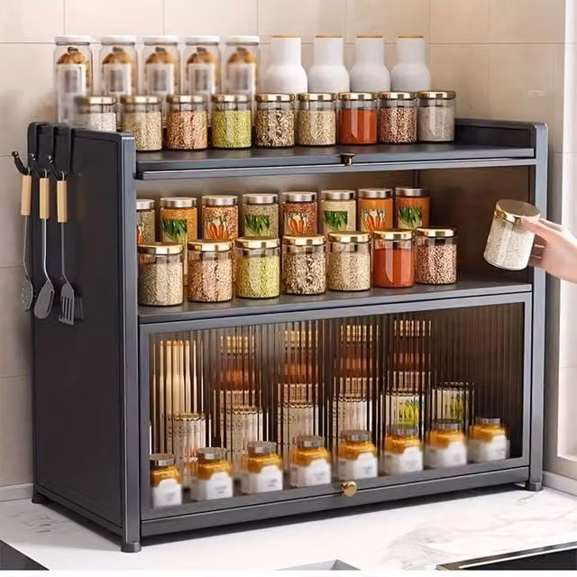 FORGEVIO Two-Layer Spice Cabinet with Flip-Top Drawers in Grey