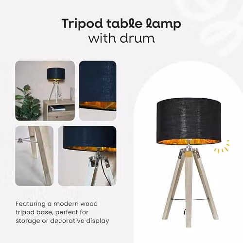 MiniSun Distressed Wood and Silver Chrome Tripod Table Lamp with Black and Gold Fabric Drum Shade – 2