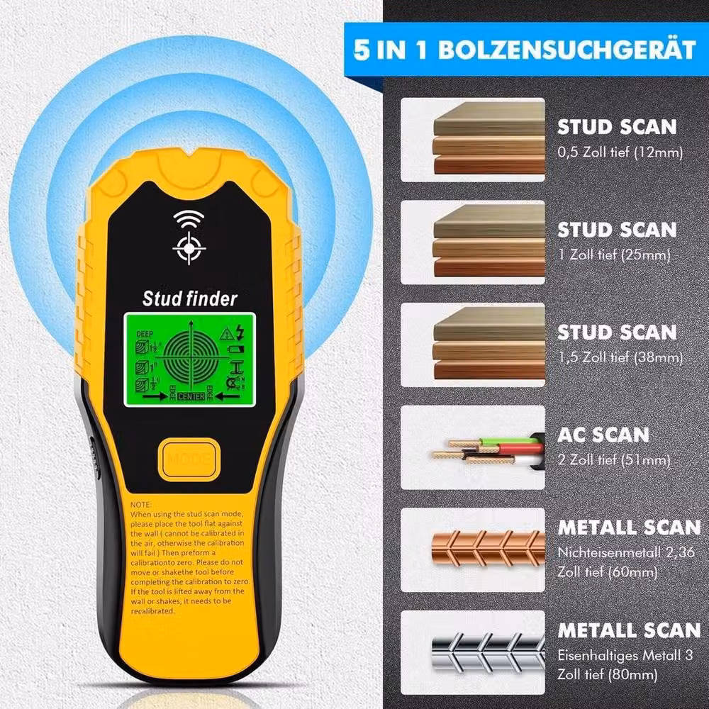 FLAVORA 5 in 1 Metal Wood Cable and Electricity Detector Wall Scanner Line Finder in Yellow – 5