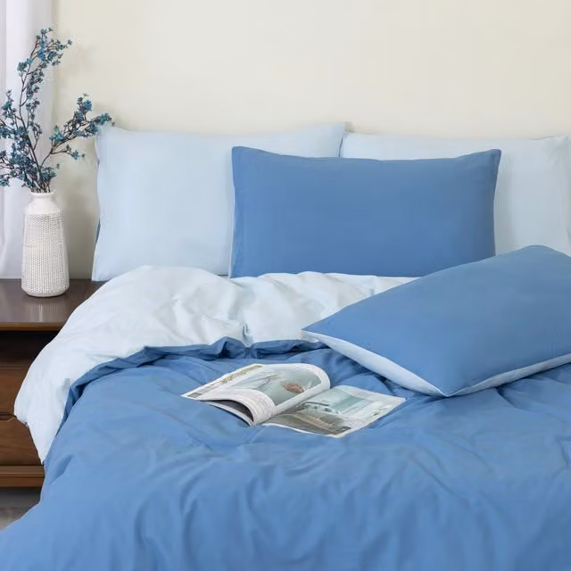 MHG Living Reversible Blue 100% Cotton Single Duvet Cover Set with Pillowcases, Button Closure, W/D/H: 90 x 200 cm, Pillowcases: 48 x 74 cm
