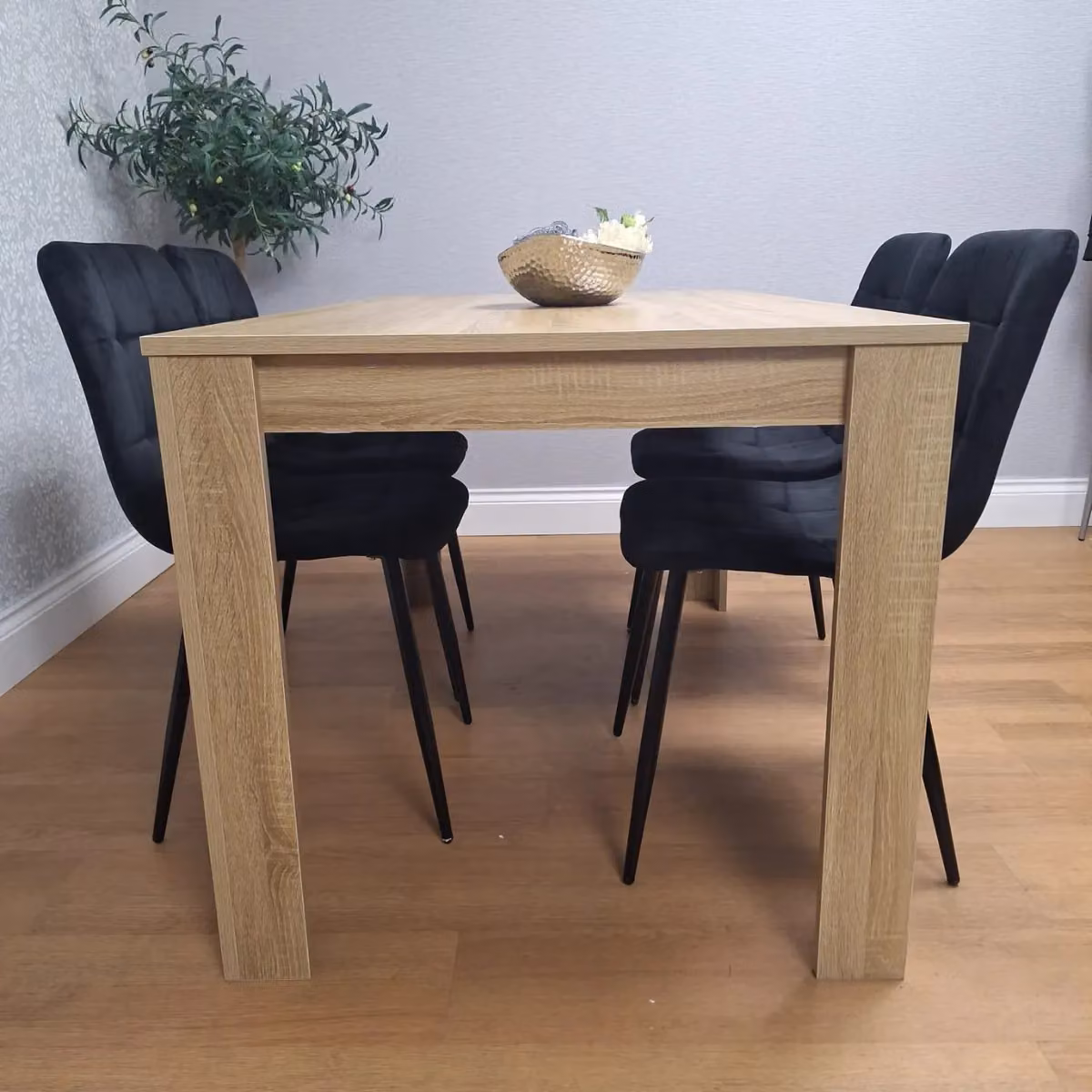 KOSY KOALA Brown Oak Effect Dining Table and 4 Black Velvet Chairs Set – 2