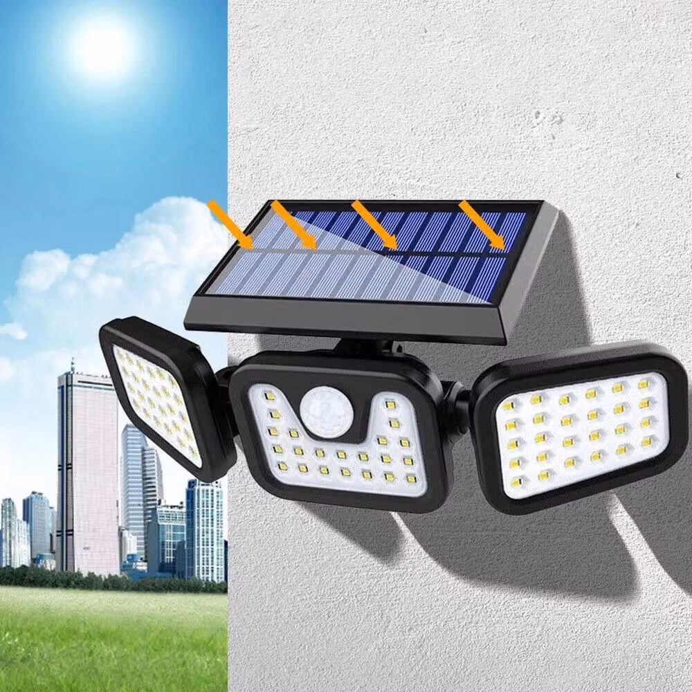 FLAVORA 3-Head 74 LED Solar Powered PIR Motion Sensor Wall Garden Floodlight in Black – 3