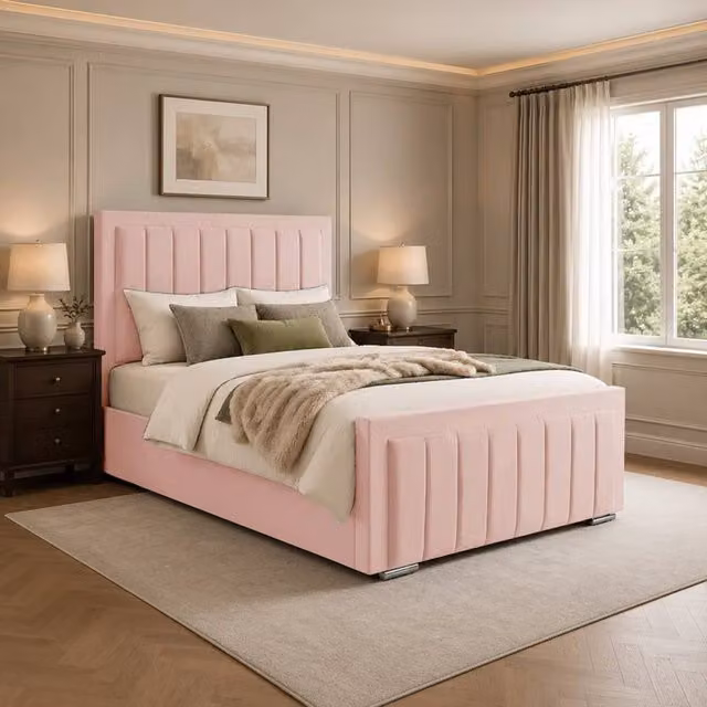 Desire Deco Lucia Upholstered Plush Velvet Panel Bed Frame, Pink, W: 140 cm, L: 200 cm