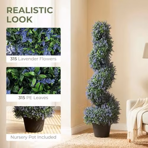 HOMCOM Set of 2 Artificial Lavender Spiral Topiary Trees in Pots, Purple, Height: 90 cm – 3