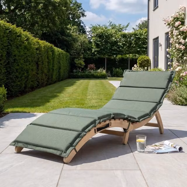 Artemis Home Solara Curve Sun Lounger in Green with Acacia Wood and Weatherproof Cushion
