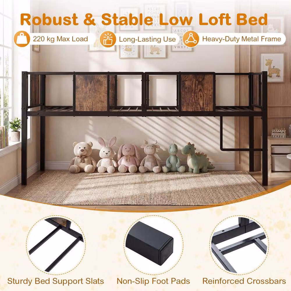 Costway Single Kids Low Loft Bed with Ladder and Guardrail in Brown Metal – 3