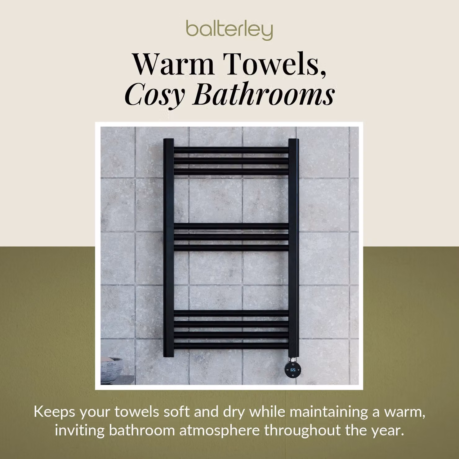 Balterley Electric Round Towel Rail, Matt Black, W: 80 cm, H: 50 cm, D: 8 cm – 7
