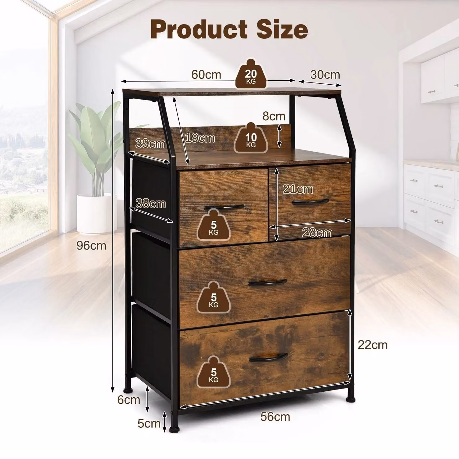 Gymax Industrial Freestanding Dresser with 4 Drawers and Top Shelf in Brown – 2