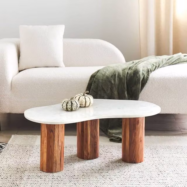Wyld and Coco Oval Marble Top Coffee Table with Acacia Wood Base in White, W/D/H: 90 x 45 x 35 cm