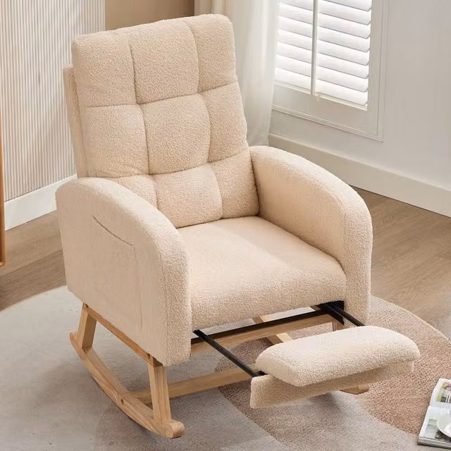 Rolipo Beige Teddy Bouclé Fabric Rocking Chair with Adjustable Footrest and Ottoman