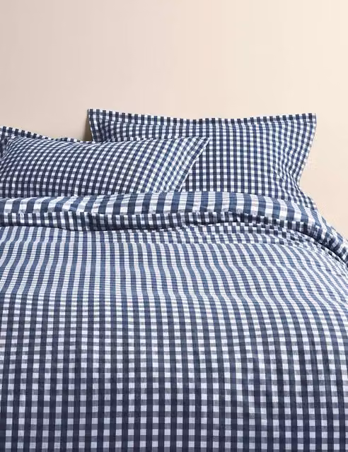 M&S Pure Cotton Classic Gingham Reversible Bedding Set, Slate Blue, 200 x 200 cm