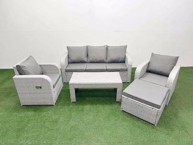 Fimous PE Rattan Garden Furniture Set in Light Grey with Reclining Chairs, Sofa, Coffee Table and Ottoman