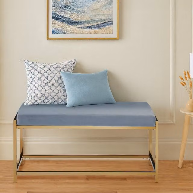 Orsina Allure Gold and Blue Velvet Fabric Bench with Metal Legs