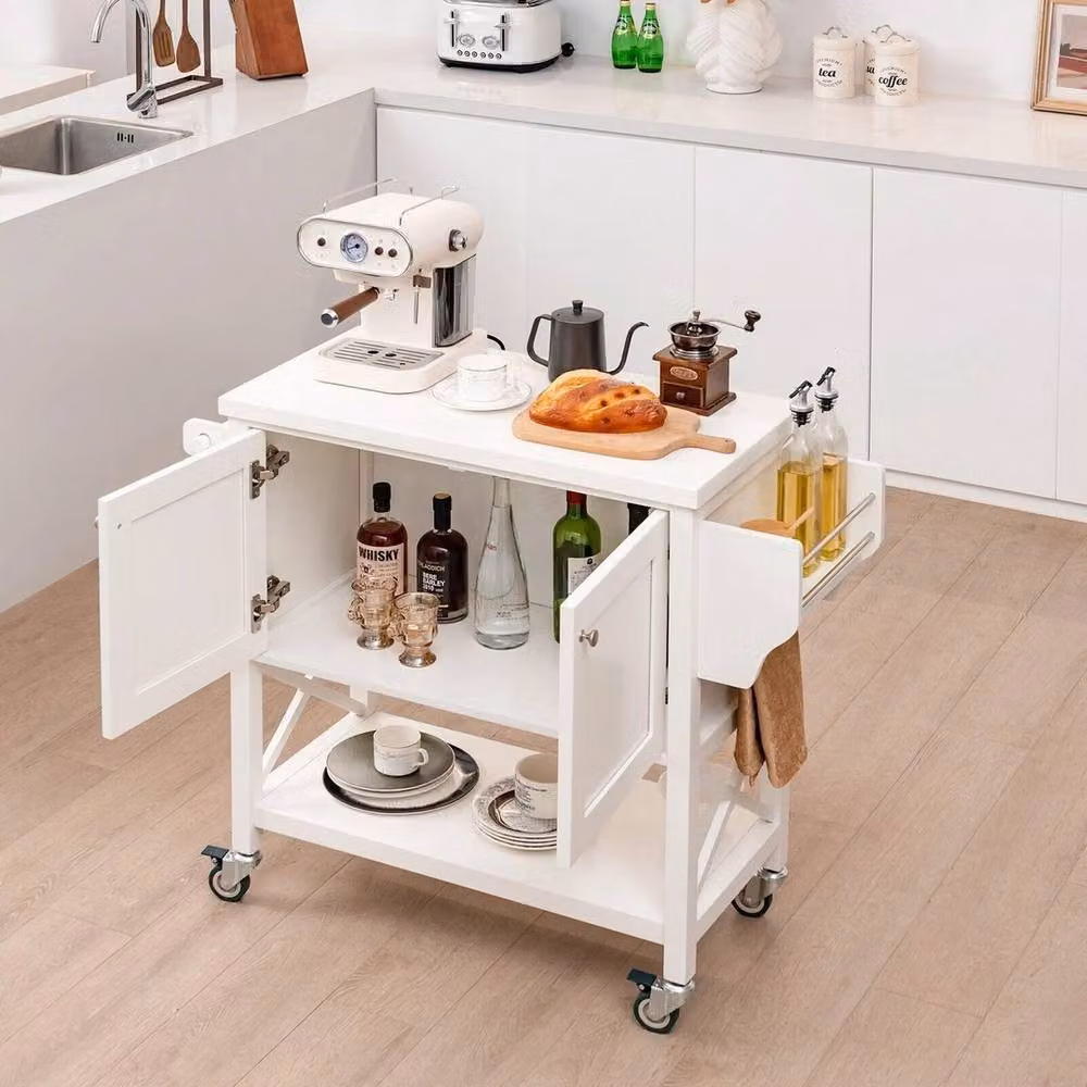 VOGREX Wheeled Kitchen Storage Trolley with 2 Door Cabinets in White – 2