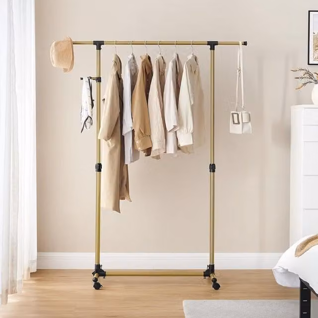 SONGMICS Clothes Rack with Castors and Dual Hook and Rail Matrix in Gold