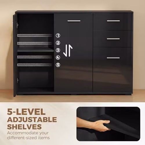 HOMCOM Modern High Gloss Black Sideboard Storage Cabinet – 5
